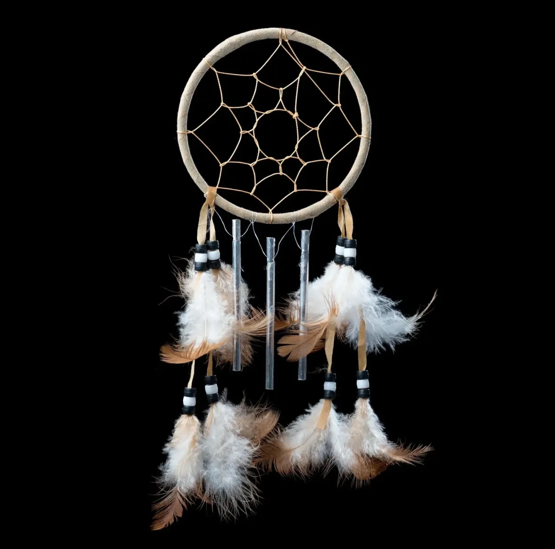 Dreamcatcher with feathers on black background